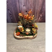Herbstgesteck Mit Wichteln & Teelicht Auf Baumscheibe - Naturdeko Moos, Kürbissen Und Zapfen von herzAAllerlei
