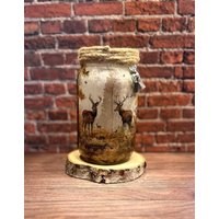 Rustikales Windlicht Glas Mit Hirsch-Motiv | Handmade Dekoglas 17 cm Decoupage Technik Landhausstil Laterne Geschenkidee Naturfreunde von herzAAllerlei