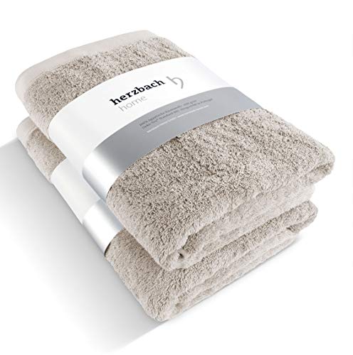 herzbach home Saunatuch 80 x 200 cm 2er Set – 100% Baumwolle – weich & saugstark – extra groß & lang (Sandgrau) von herzbach home
