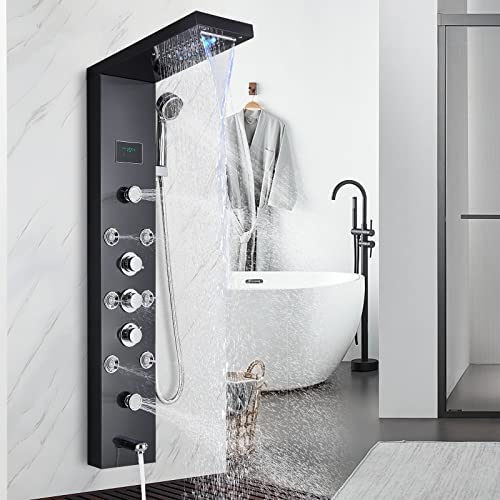 Duschsäule Schwarz LED Duschpaneel für Badezimmer Hydromassage Multifunktionales Duschsystem Wandsäule 6 große Massagedüsen Hevenaov von hevenaov