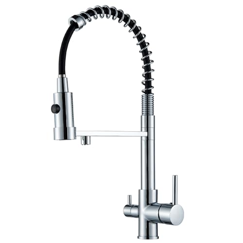 Hevenaov 3 Wege Wasserhahn Chrom, Reines Wasser Edelstahl Küchenarmatur 3 Wege 360° Drehbar, Küchenarmatur Hochdruck mit Herausziehbare Dual-Spülbrause, 3 in 1 Mischbatterie Küche für Wasserfilter von hevenaov