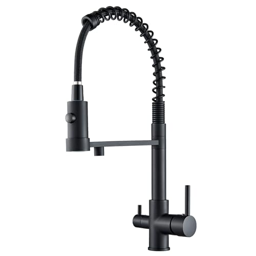 Hevenaov 3 Wege Wasserhahn Küche, Küchenarmatur 360° Drehbar mit für Wasserfilter, Mischbatterie Küche Hochdruck mit flexiblem Auslauf, 3 Wege Armatur Küche mit 2 Hebel, Edelstahl, Schwarz von hevenaov