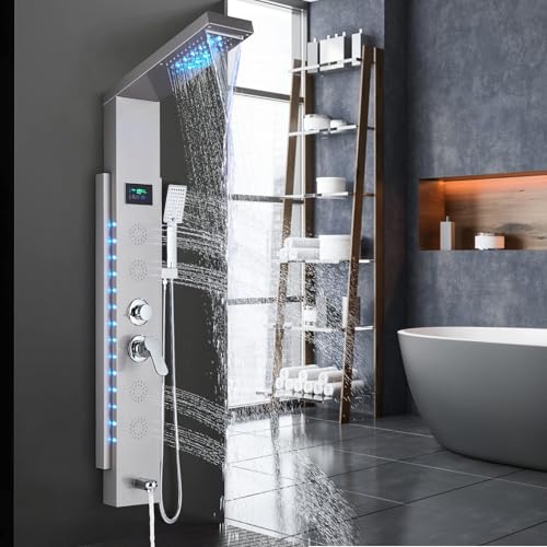 Hevenaov Duschpaneel LED Edelstahl 5 Modi mit Massagedüse Regenfall Wasserfall Dusche Handbrause Wanneneinlauf Gebürstetem Nickel Badezimmer Wandduschpaneel von hevenaov