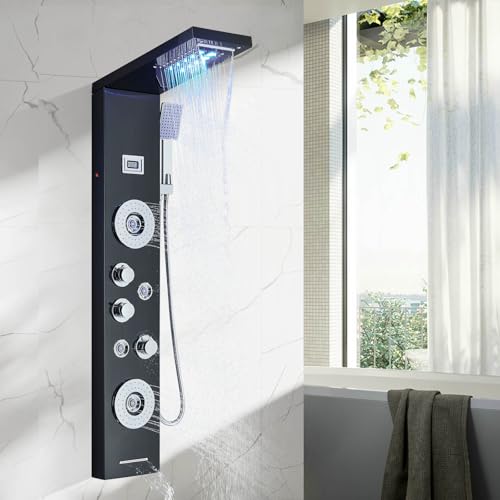 Hevenaov Duschpaneel LED Multifunktionale Schwarz Edelstahl Duschpaneele mit 5 Duschfunktionen Regenfall Wasserfall Dusche Handbrause Wanneneinlauf Duschpaneele für Badduschen von hevenaov