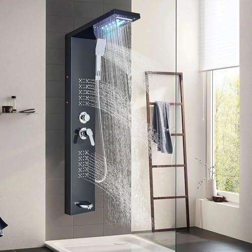 Hevenaov Duschpaneel LED Schwarz Edelstahl 5 Funktionen mit Regendusche Wasserfall Regenduschkopf Massagedüsen ABS Handbrause Multifunktionale Duschpaneele für Badduschen von hevenaov