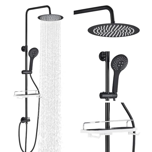 Hevenaov Regendusche Duschset Duschsystem mit Ablage Schwarz, Edelstahl Duschset ohne Armatur, Regendusche Überkopfbrauseset Kopfbrause Rund 25cm von hevenaov