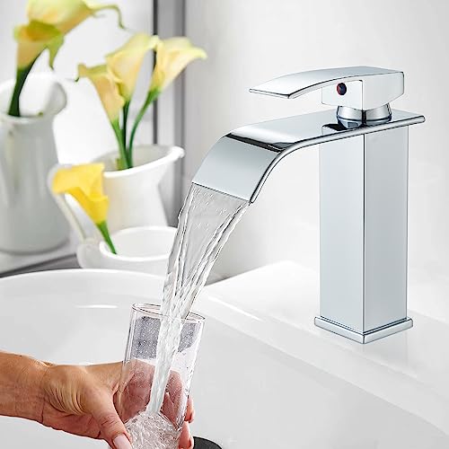Wasserhahn Bad Wasserfall, Hevenaov Wasserfall Waschtischarmatur Armatur mit Auslauf Höhe 13 CM, Einhebel-Mischbatterie für Kaltes und Warmes Wasserhahn Badezimmer, Wassersparend, Chrom von hevenaov