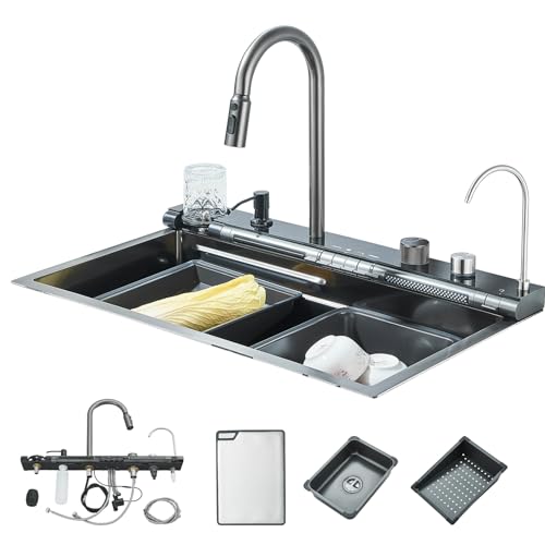 hevenaov Küchenspüle, digital, aus Edelstahl, Küchenspüle, dunkelgrau, mit ausziehbarem Wasserhahn, komplettes Zubehör-Set für die Haushaltsspüle (75 x 45 x 21 cm) von hevenaov