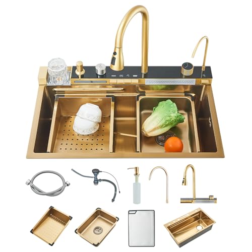 hevenaov Küchenspüle aus Edelstahl, Küchenspüle, gebürstetes Gold, mit ausziehbarem Wasserhahn und anderem Zubehör, zum Waschen von Gemüse und Geschirr (75 x 45 cm) von hevenaov