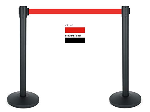 heyChef - 2er-Set | 450cm Gurtband rot extra-lang, Absperrpfosten Edelstahl pulverbeschichtet schwarz, Abgrenzungs-Ständer oder Personen-Leitsystem, Gurt Abstandshalter von heyChef