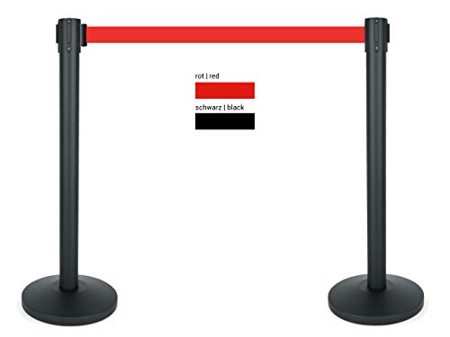 heyChef – 2er-Set Absperrpfosten aus Edelstahl, schwarz pulverbeschichtet | 4,5 m extra-lang Gurtband (rot), Personen-Leitsystem & Gurt Abstandshalter | Mobiler Abgrenzungs-Ständer für Innen & Außen von heychef.