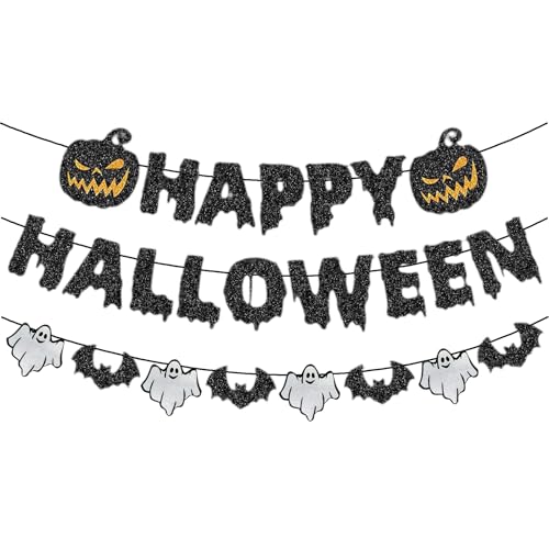 hhdatc Schwarze glitzernde "Happy Halloween"-Banner, vorbespannte Halloween-Girlande mit Geisterfledermaus und Kürbisausschnitten, Papier-Wimpelkette für Wand, Kaminsims, Büro, Party hhdatc Schwarze glitzernde "Happy Halloween"-Banner, vorbespannte Halloween-Girlande mit Geisterfledermaus und Kürbisausschnitten, Papier-Wimpelkette für Wand, Kaminsims, Büro, Party von hhdatc