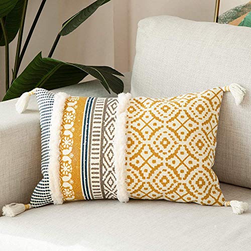 hi-home 1 Stück Boho Kissenbezug, Dekorative kissenbezüge mit Quaste Baumwolle Sofakissen 30x50cm Kissenhülle Dekokissen Kopfkissenbezug Kissen Boho Style für Sofa Schlafzimmer Wohnzimmer (Gelb) von hi-home