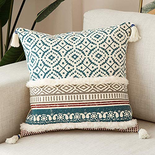 hi-home 1 Stück Boho Kissenbezug, Dekorative kissenbezüge mit Quaste Baumwolle Sofakissen 45x45cm Kissenhülle Dekokissen Kopfkissenbezug Kissen Boho Style für Sofa Schlafzimmer Wohnzimmer (Blau) von hi-home