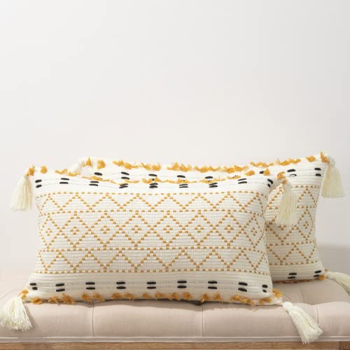 hi-home 2er Set Boho Kissenbezüge, Kissen Boho Style 30x50CM Gelb Kissenhülle Dekokissen Sofakissen mit Quasten, Modern Dekorative Kissenbezug Kopfkissenbezug für Sofa Schlafzimmer Wohnzimmer von hi-home