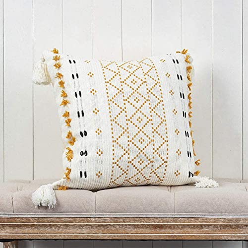 hi-home Boho Kissenbezug 50x50cm, 1 Stück Kissenhülle Sofakissen Dekokissen mit Quasten Makramee Kissenbezüge Kissen Boho Style für Sofa Schlafzimmer Wohnzimmer Gelb von hi-home