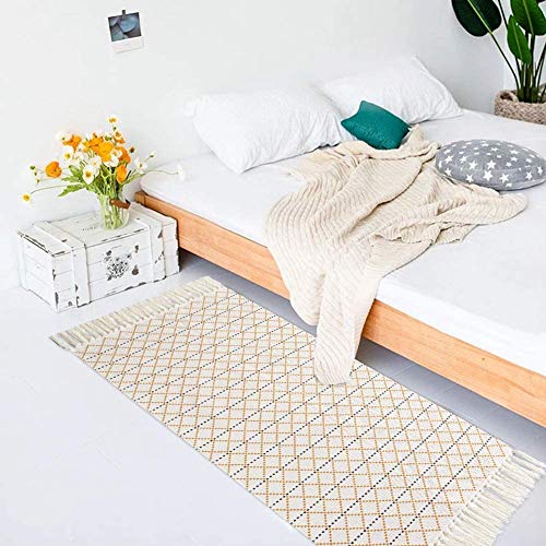 hi-home Boho Teppich, Baumwolle Gewebte Teppiche mit Quasten Gitter Muster Waschbar Teppich Retro Läufer für Wohnzimmer Schlafzimmer Eingangstür Küche 60x130cm (Gelb) von hi-home