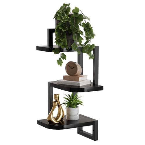 hi-home Eckregal Hängend Set aus 3, Rustikale Holz-Wandaufbewahrung für Kinderzimmer Bücherregal, Niedliches Eck-Wandregale aus Holz für Badezimmer Wohnzimmer Küchendekoration, Schwarz von hi-home
