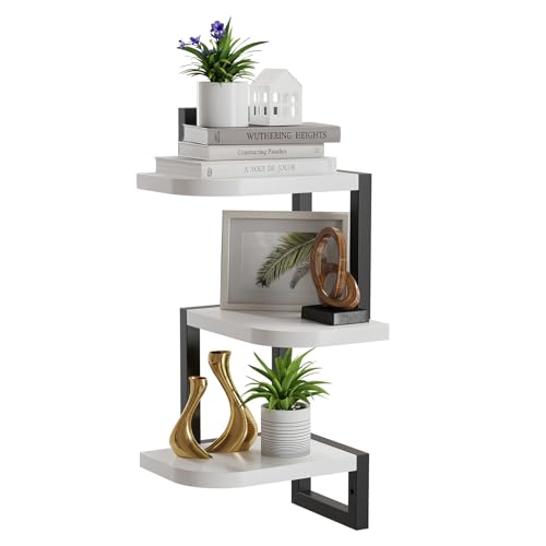 hi-home Eckregal Hängend Set aus 3, Rustikale Holz-Wandaufbewahrung für Kinderzimmer Bücherregal, Niedliches Eck-Wandregale aus Holz für Badezimmer Wohnzimmer Küchendekoration, Weiß von hi-home