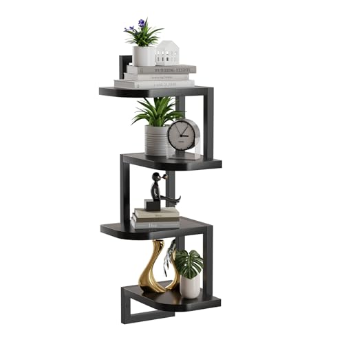 hi-home Eckregal Hängend Set aus 4, Rustikale Holz-Wandaufbewahrung für Kinderzimmer Bücherregal, Niedliches Eck-Wandregale aus Holz für Badezimmer Wohnzimmer Küchendekoration, Schwarz von hi-home