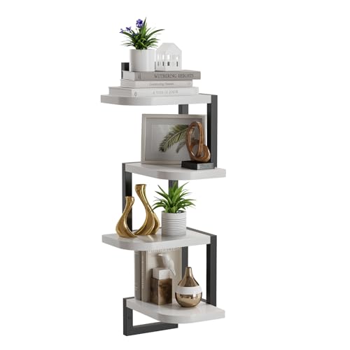 hi-home Eckregal Hängend Set aus 4, Rustikale Holz-Wandaufbewahrung für Kinderzimmer Bücherregal, Niedliches Eck-Wandregale aus Holz für Badezimmer Wohnzimmer Küchendekoration, Weiß von hi-home