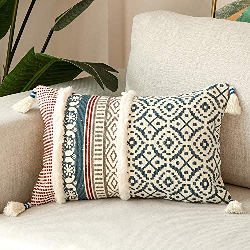 hi-home 1 Stück Boho Kissenbezug, Dekorative kissenbezüge mit Quaste Baumwolle Sofakissen 30x50cm Kissenhülle Dekokissen Kopfkissenbezug Kissen Boho Style für Sofa Schlafzimmer Wohnzimmer (Blau) von hi-home