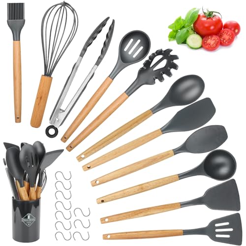 Küchenhelfer Set, hicoosee 22 Teiliges Küchenutensilien Set mit S-Haken, BPA-Frei, Kochbesteck Set mit Holzgriff und Loch zum Aufhängen, Dunkelgrau von hicoosee