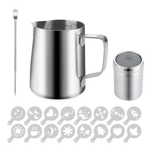 hicoosee Milchkännchen Edelstahl 350ml mit Messung Mark und 16 Latte Art Schablonen & Pen für Espresso, Milchaufschäumer, Kaffee, Latte Art, Kaffeeliebhabe von hicoosee