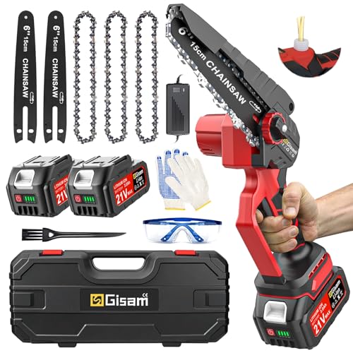 Gisam Akku Kettensäge, 6 Zoll Akku Kettensäge mit 2 x 3Ah Akkus und Automatischer Öler, Brushless Akku Säge Astsäge Akku für Gartenarbeit und Brennholzschneiden (2-2 Akku) von highsam