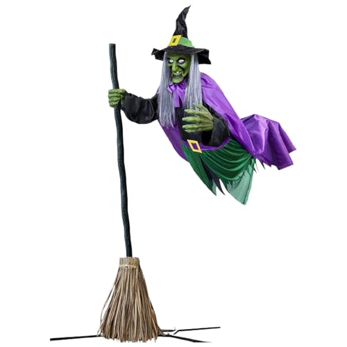 Fliegende Hexe Als Halloween Dekoration – Animierte Halloween Dekorationen Für Draußen | Gruselige Schwebende Hexe Auf Besen Als Heimdekoration | Horror Requisiten Für Veran-da, Garten, Rasen, Haus von higyee
