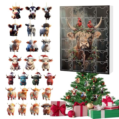 Weihnachts Countdown Kalender Mit Highland Kuh | 2D Acryl Anhängerset Mit Niedlichen Highland Cow Anhängern | 24 Tage Countdown Kalender Mit Tieranhängern Für Den Weihnachtsbaum (A) von higyee