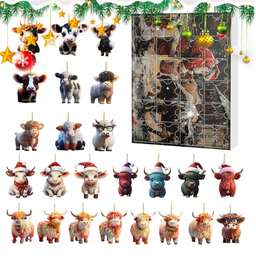 Weihnachts Countdown Kalender Mit Highland Kuh | 2D Acryl Anhängerset Mit Niedlichen Highland Cow Anhängern | 24 Tage Countdown Kalender Mit Tieranhängern Für Den Weihnachtsbaum (B) von higyee