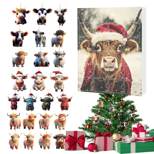 Weihnachts Countdown Kalender Mit Highland Kuh | 2D Acryl Anhängerset Mit Niedlichen Highland Cow Anhängern | 24 Tage Countdown Kalender Mit Tieranhängern Für Den Weihnachtsbaum (C) von higyee