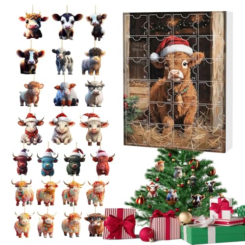 Weihnachts Countdown Kalender Mit Highland Kuh | 2D Acryl Anhängerset Mit Niedlichen Highland Cow Anhängern | 24 Tage Countdown Kalender Mit Tieranhängern Für Den Weihnachtsbaum (D) von higyee