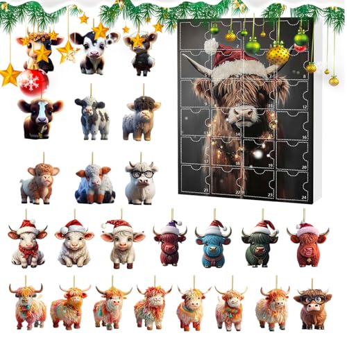 Weihnachts Countdown Kalender Mit Highland Kuh | 2D Acryl Anhängerset Mit Niedlichen Highland Cow Anhängern | 24 Tage Countdown Kalender Mit Tieranhängern Für Den Weihnachtsbaum (E) von higyee