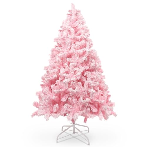 himaly 150 cm/5 ft Weihnachtsbaum Beflockt Rosa mit praller Flocked Dekoration with Schneeflocken, 600 Spitzen Kiefernblattblätter aus PVC und Stabile Basis, Christbaum für Weihnachtsdekorationen von himaly