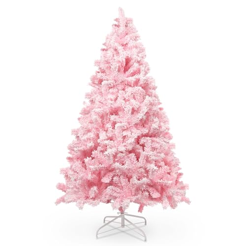 himaly 180 cm/6 ft Weihnachtsbaum Beflockt Rosa mit praller Flocked Dekoration with Schneeflocken, 808 Spitzen Kiefernblattblätter aus PVC und Stabile Basis, Christbaum für Weihnachtsdekorationen von himaly