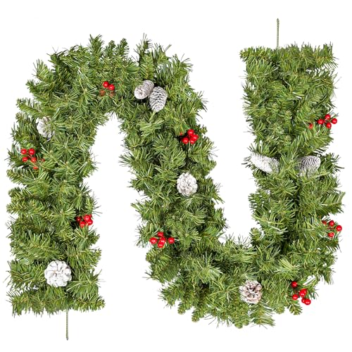 himaly 220 cm/7 ft Grün Weihnachtsgirlanden mit 10 Weiß Tannenzapfen, 10 Roten Beeren, Künstliche Weihnachtliche Rattankraze aus PVC, Hängetreppe Fenster Kamin Wand Haustür Weihnachtsdekoration von himaly