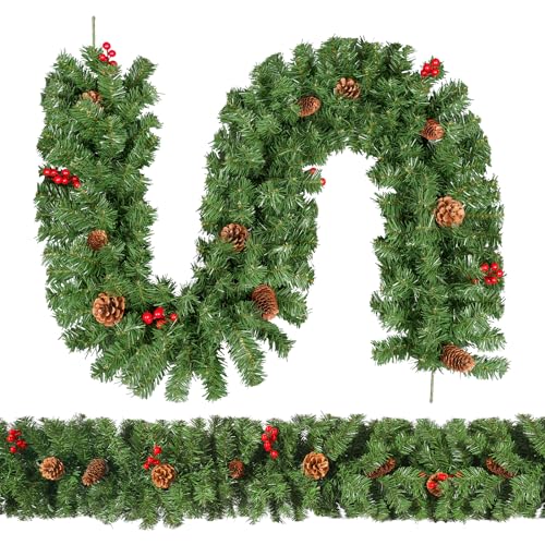 himaly 220 cm/7ft Girlande Weihnachten Rote Beeren mit 250 Tannenzapfen, Künstliche Rattangirlanden Grün Kranz, Weihnachtliche Hängetreppe Fenster Kamin Wand Weihnachtsdekoration von himaly