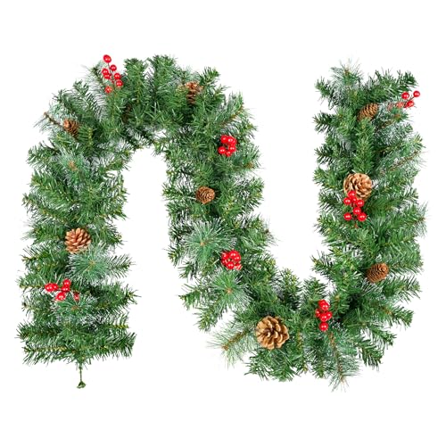 270 cm 9ft Weihnachtsgirlanden mit Schneeflocken Dekoration, 240 Spitzen Kiefer Blatt, 12 Tannenzapfen, 12 Roten Beeren, Künstliche Grün Rattankränze, Weihnachtsdekorationn Hängetreppe Fenster Wand von himaly