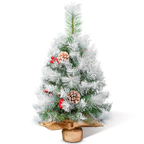 himaly 60 cm/2 ft Künstlicher Tisch Weihnachtsbaum Klein mit Schneeflocken Dekoration, Tannenzapfen, Rote Beeren, Kiefern Blättern 80 Spitzen, Leinen-Baumwolle und Zementbasis für festliche Atmosphäre von himaly