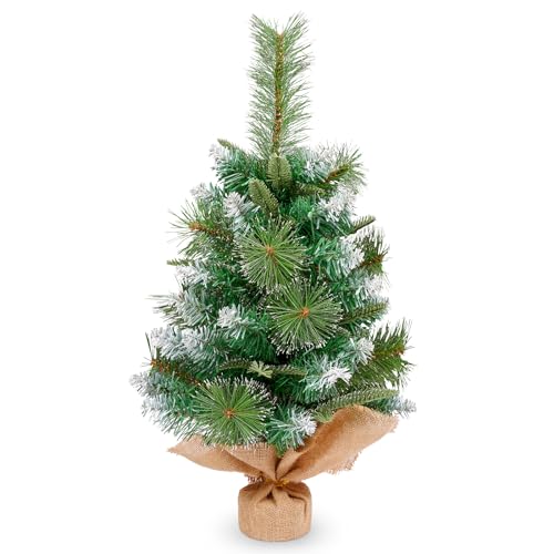 himaly 60cm 2ft Kleiner PVC Weihnachtsbaum mit 60 Blattspitzen aus Kiefernnadeln, Mini Tisch künstlicher Weihnachtsbaum in Weiß sprühen, Leinenbaumwolle und Zementbasis für Weihnachtsdekorationen von himaly