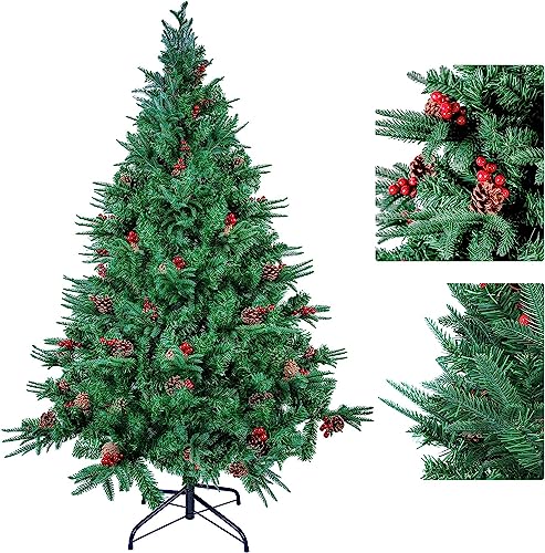 himaly Künstliche Weihnachtsbäume 210 cm mit 900 Spitzen PVC/PE Material Naturgetreue Christbaum, 60pcs Kiefernzapfen, 60pcs Roten Früchten, Ständer für Weihnachten Dekoration Mehrweg Grün Tannenbaum von himaly