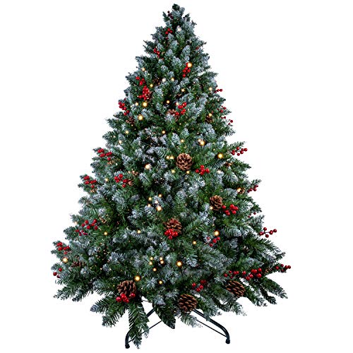 himaly Weihnachtsbaum künstlich 210 cm mit Schnee und 25m Lichterkette 500 LEDs, Material PVC/PE, 900 Spitzen Christbaum mit 61 Echten Tannenzapfen und 61 Roten Früchten für Innen und Außendekoration von himaly