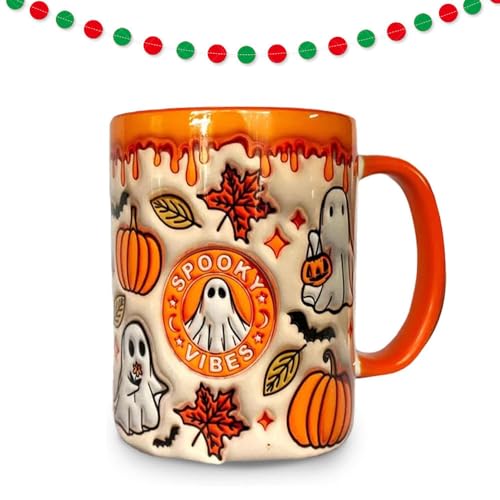 Kürbis-Kaffeetasse Mit Geist, Halloween-Keramikbecher, 3D-süße Geister-Halloween-Tasse, Süße Geister-Kaffeetasse, Perfektes Geschenk Für Kaffeeliebhaber (Orange) von himka