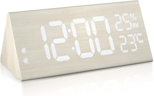 Wecker Digital Holz, LED Tischuhr Holzoptik 7 Helligkeit und 5 Lautstärke Dual Alarm Uhr mit Luftfeuchtigkeit- und Temperaturanzeige USB Netzanschluss für Schlafzimmer, Büro, Wohnzimmer Weiß von hinrey