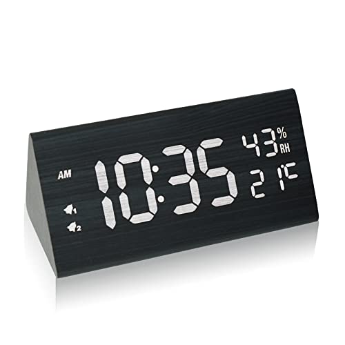 hinrey Digitaler Wecker mit Große LED Anzeige, Tischuhr Holz Dual Alarm Digital Uhr mit Luftfeuchtigkeit- und Temperaturanzeige USB Netzanschluss von hinrey
