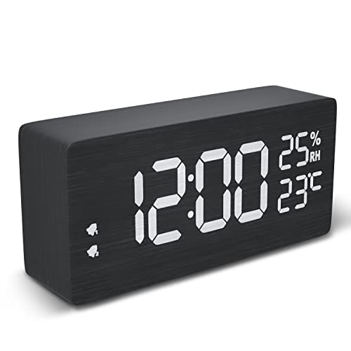 Wecker Digital, Digitaluhr Holzoptik mit großem Bildschirm，LED Tischuhr mit 2 Alarm/Snooze/Temperatur und Luftfeuchtigkeit, USB-betriebener Wecker für Wohnzimmer/Schlafraum/Büro (Schwarz/Quader) von hinrey