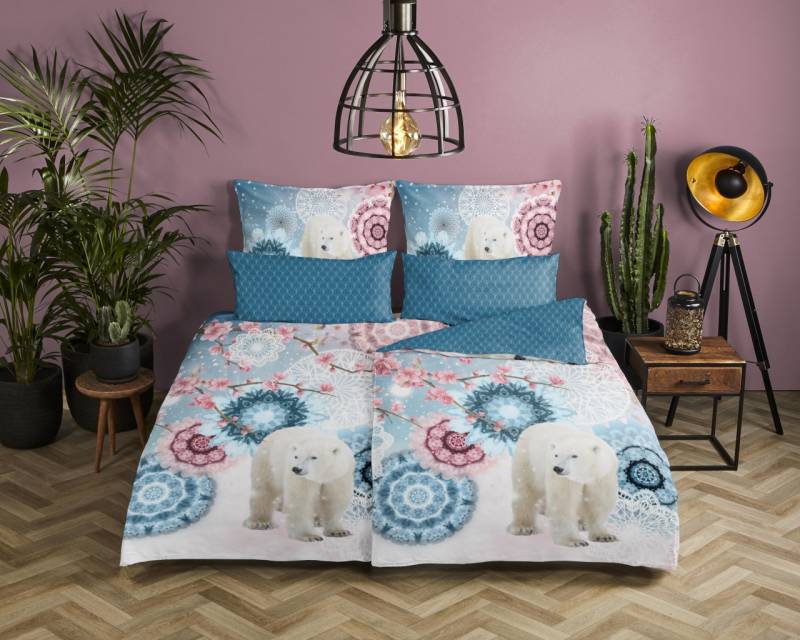 hip Flanell Bettwäsche 155x220 Kodiak blau Eisbär Äste Mandala Wende 30093F von HIP