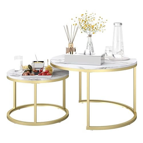 hitsuki Couchtisch 2er Set im luxuriösen Stil, Goldener Metallrahmen Tisch Wohnzimmer, Marmor-Optik Couchtisch Rund, Moderne Coffee Table von hitsuki